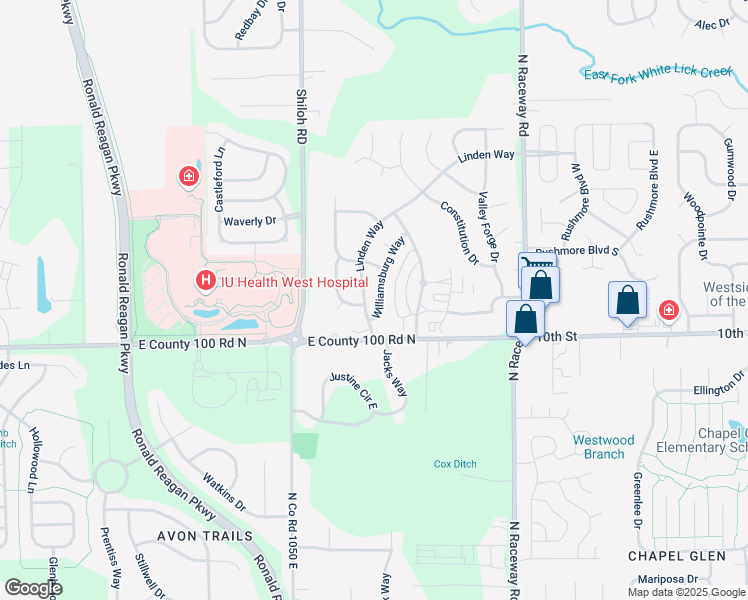 map of restaurants, bars, coffee shops, grocery stores, and more near 1092 Williamsburg Way in Indianapolis