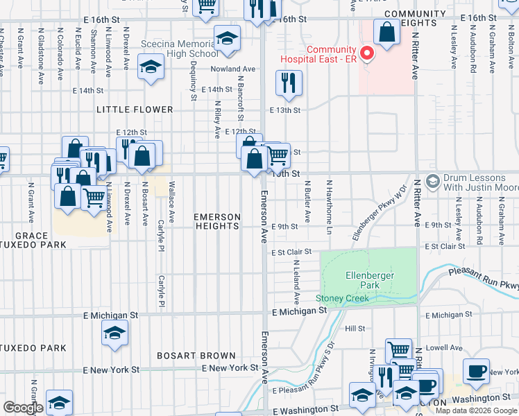 map of restaurants, bars, coffee shops, grocery stores, and more near 834 North Emerson Avenue in Indianapolis