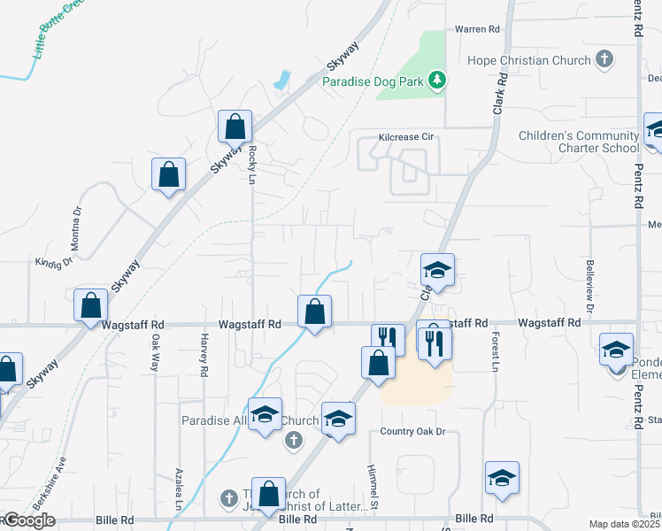 map of restaurants, bars, coffee shops, grocery stores, and more near 6471 Lone Cedar Lane in Paradise