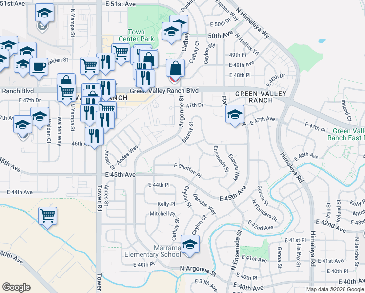 map of restaurants, bars, coffee shops, grocery stores, and more near 4600 Argonne Street in Denver