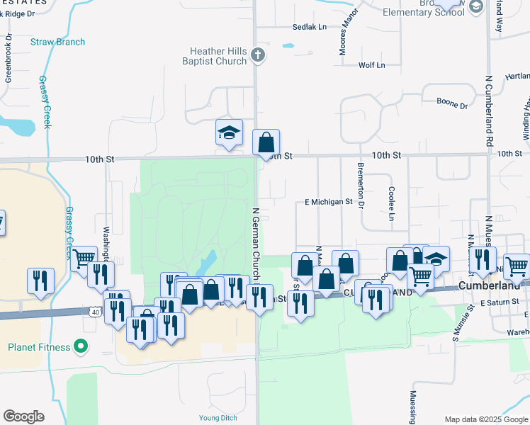 map of restaurants, bars, coffee shops, grocery stores, and more near 367 North German Church Road in Indianapolis