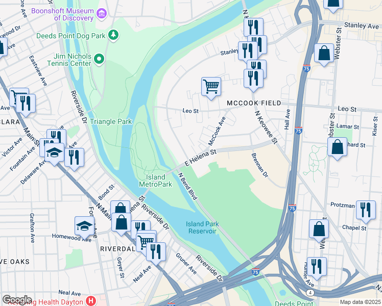 map of restaurants, bars, coffee shops, grocery stores, and more near 137 East Helena Street in Dayton