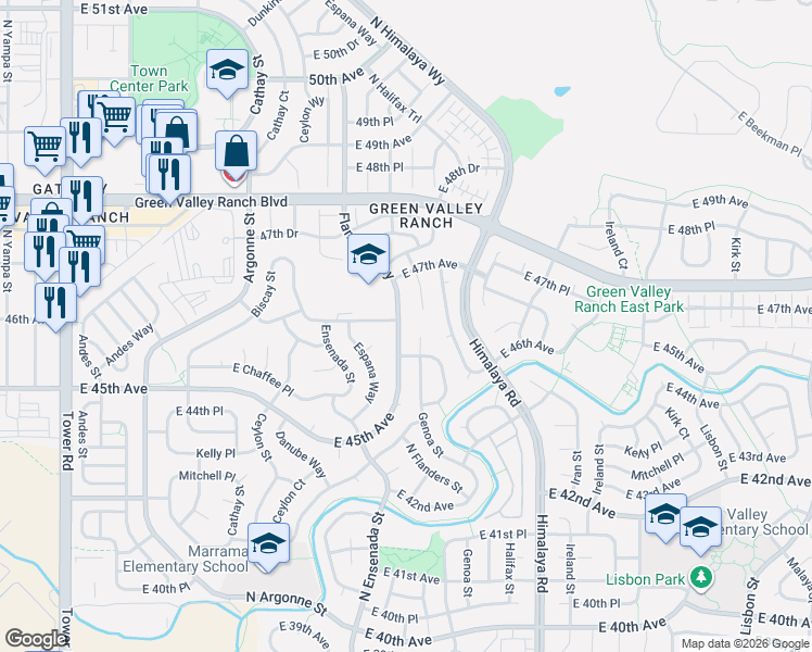 map of restaurants, bars, coffee shops, grocery stores, and more near 4596 Flanders Way in Denver