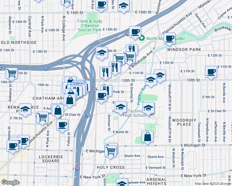 map of restaurants, bars, coffee shops, grocery stores, and more near 934 N Highland Ave in Indianapolis
