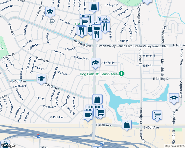map of restaurants, bars, coffee shops, grocery stores, and more near 4713 North Hannibal Street in Denver