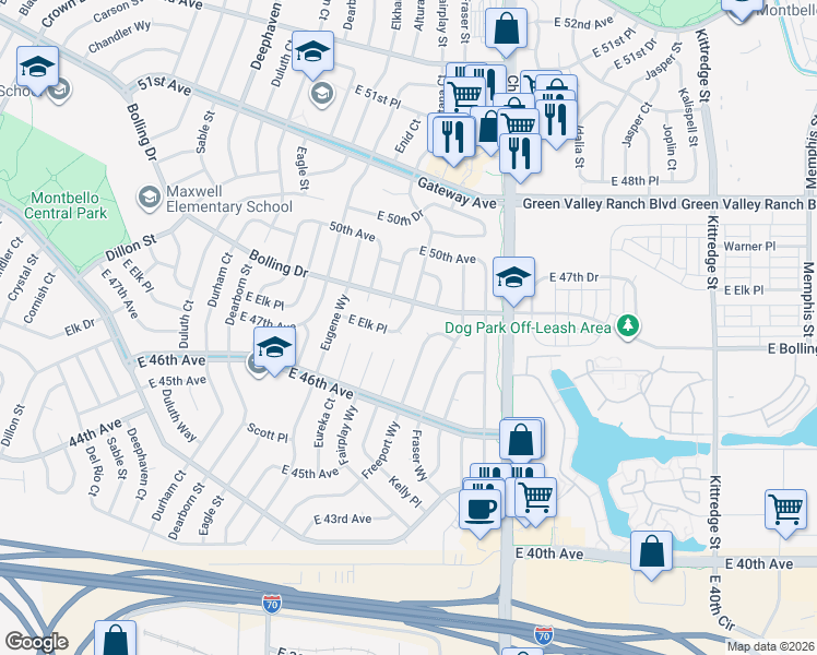 map of restaurants, bars, coffee shops, grocery stores, and more near 4771 Fontana Court in Denver