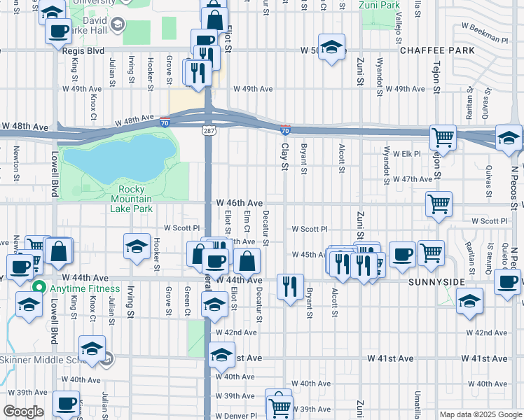 map of restaurants, bars, coffee shops, grocery stores, and more near 4582 Elm Court in Denver