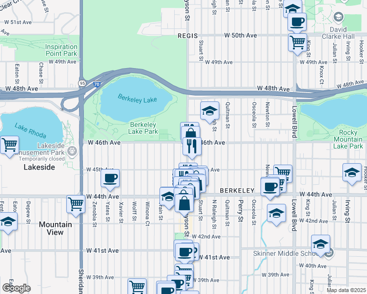 map of restaurants, bars, coffee shops, grocery stores, and more near 4596 Utica Street in Denver