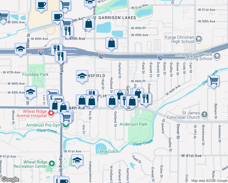 map of restaurants, bars, coffee shops, grocery stores, and more near 4525 Garland Street in Wheat Ridge