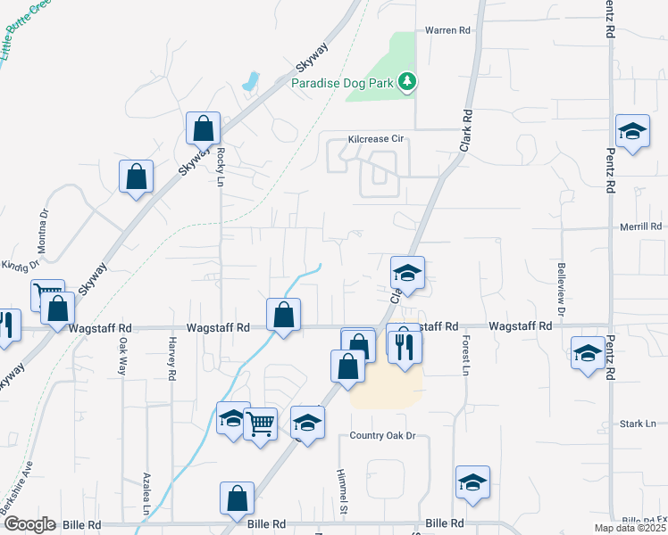 map of restaurants, bars, coffee shops, grocery stores, and more near 6414 Parkwood Way in Paradise
