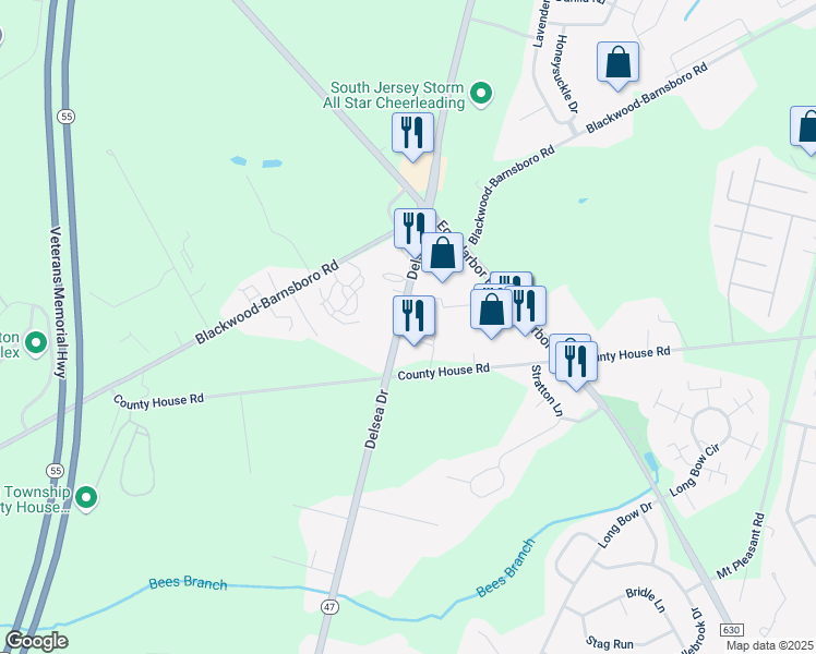 map of restaurants, bars, coffee shops, grocery stores, and more near 150 Delsea Drive in Washington Township