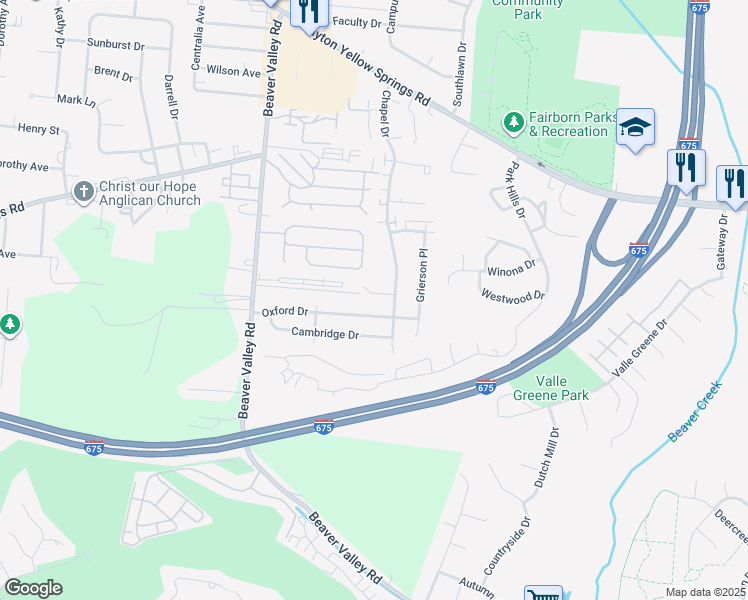map of restaurants, bars, coffee shops, grocery stores, and more near 368 Wahby Court in Fairborn