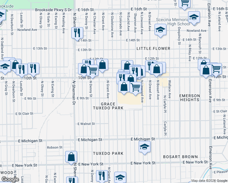 map of restaurants, bars, coffee shops, grocery stores, and more near 901 North Grant Avenue in Indianapolis