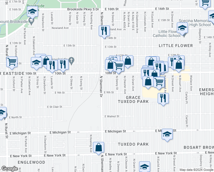 map of restaurants, bars, coffee shops, grocery stores, and more near 928 North Bradley Avenue in Indianapolis