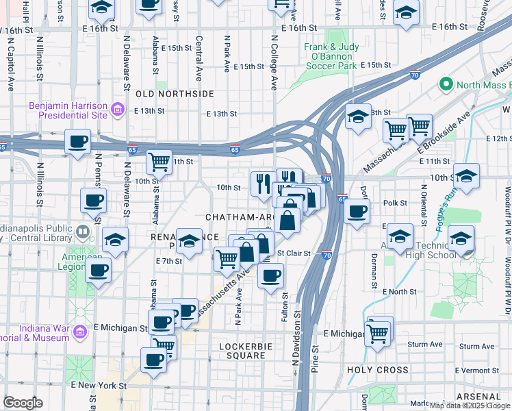 map of restaurants, bars, coffee shops, grocery stores, and more near in Indianapolis