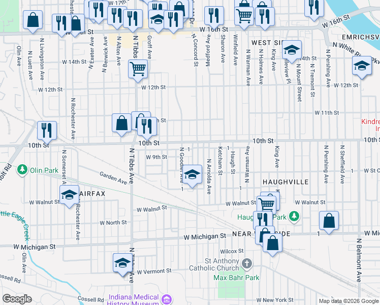 map of restaurants, bars, coffee shops, grocery stores, and more near 3114 West 9th Street in Indianapolis