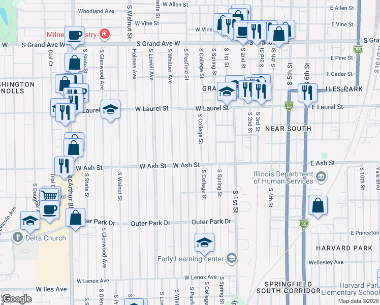 map of restaurants, bars, coffee shops, grocery stores, and more near 1916 South Pasfield Street in Springfield