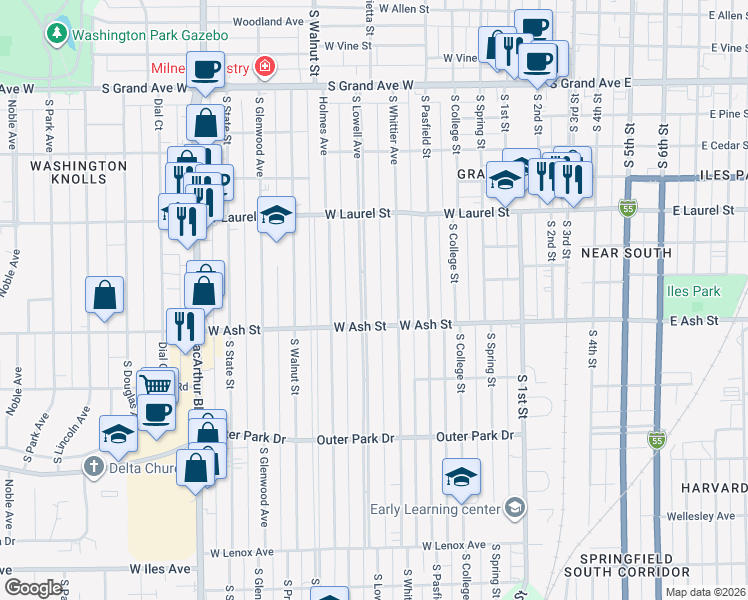 map of restaurants, bars, coffee shops, grocery stores, and more near 1912 South Lowell Avenue in Springfield