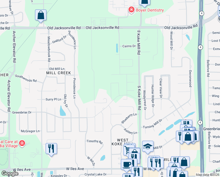 map of restaurants, bars, coffee shops, grocery stores, and more near 3416 Telford Drive in Springfield