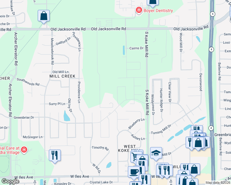 map of restaurants, bars, coffee shops, grocery stores, and more near 3416 Telford Drive in Springfield