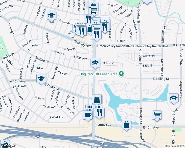 map of restaurants, bars, coffee shops, grocery stores, and more near 4713 North Hannibal Street in Denver