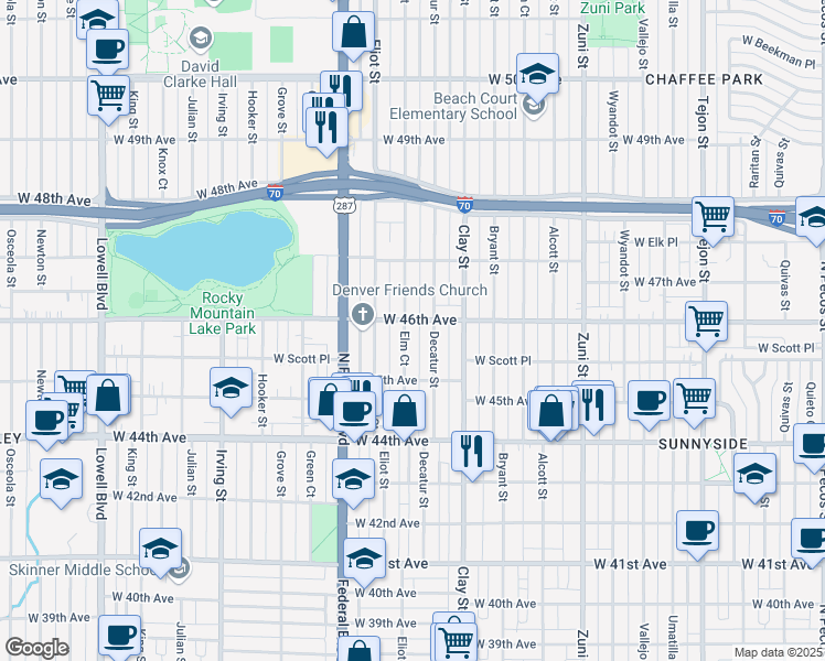 map of restaurants, bars, coffee shops, grocery stores, and more near 4582 Elm Court in Denver