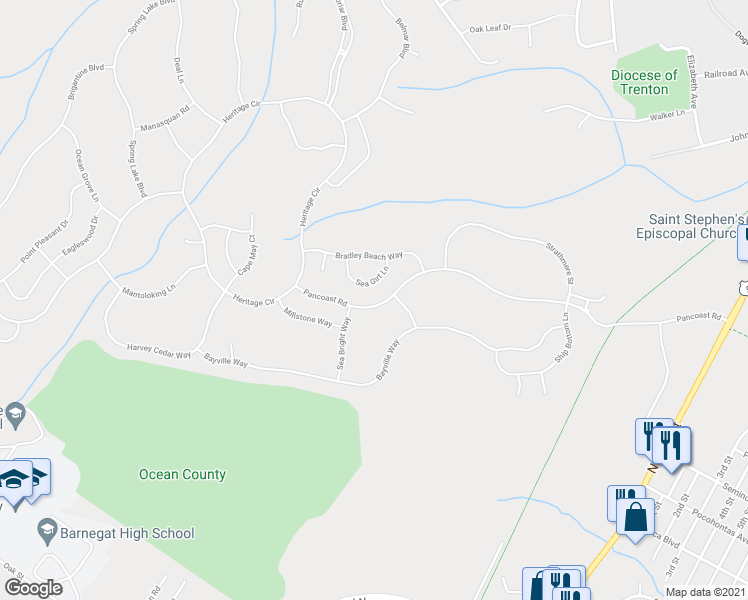 map of restaurants, bars, coffee shops, grocery stores, and more near 33 Pancoast Road in Ocean Township