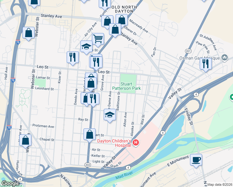 map of restaurants, bars, coffee shops, grocery stores, and more near 179 Baltimore Street in Dayton