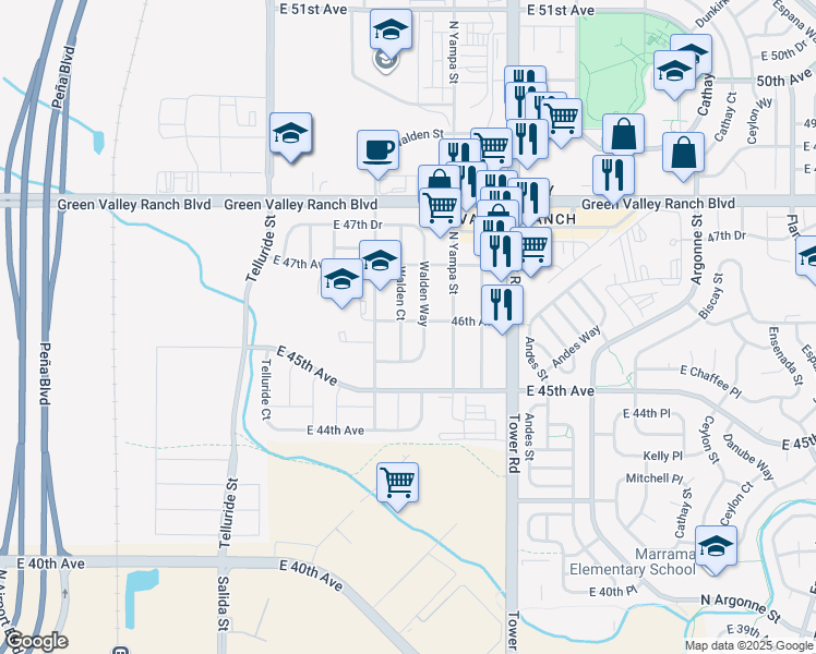 map of restaurants, bars, coffee shops, grocery stores, and more near 4596 Walden Court in Denver