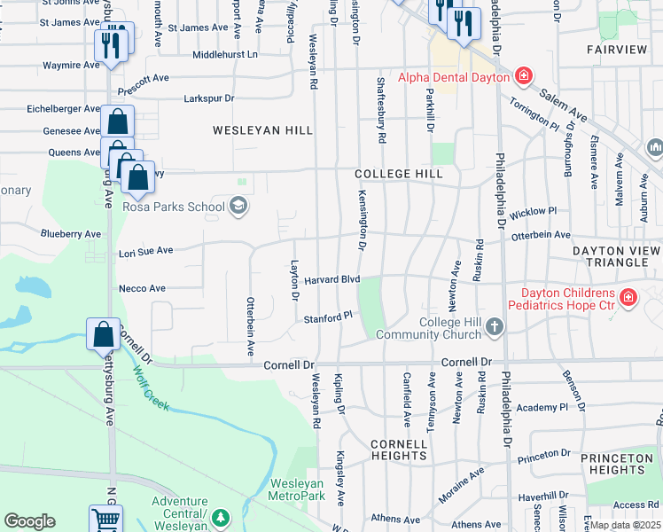map of restaurants, bars, coffee shops, grocery stores, and more near 1711 Kipling Drive in Dayton
