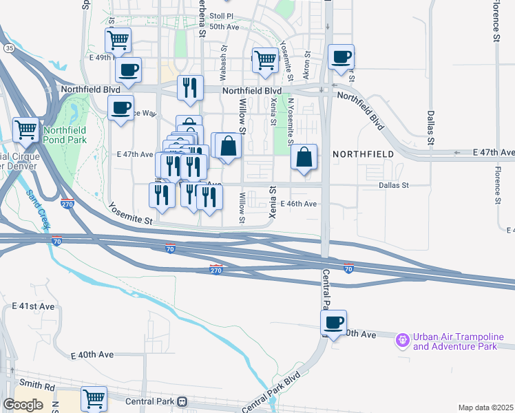 map of restaurants, bars, coffee shops, grocery stores, and more near 4501 Xenia Street in Denver