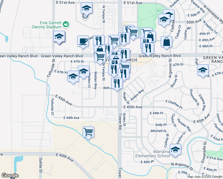 map of restaurants, bars, coffee shops, grocery stores, and more near 18498 East 45th Place in Denver