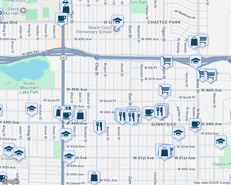 map of restaurants, bars, coffee shops, grocery stores, and more near 4594 Beach Court in Denver