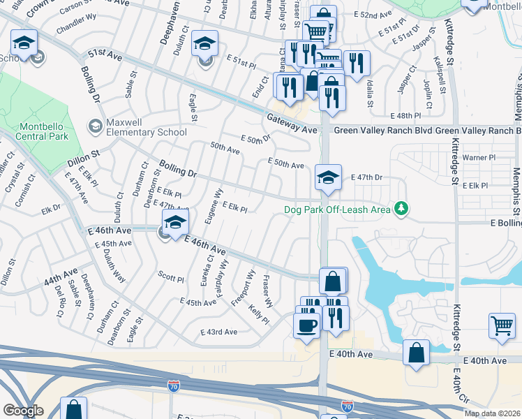 map of restaurants, bars, coffee shops, grocery stores, and more near 4771 Fontana Court in Denver
