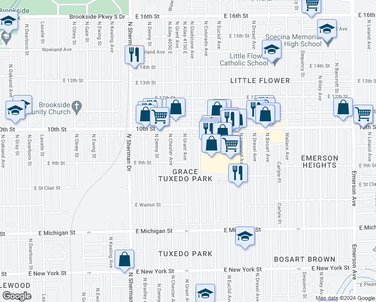 map of restaurants, bars, coffee shops, grocery stores, and more near 885 North Grant Avenue in Indianapolis