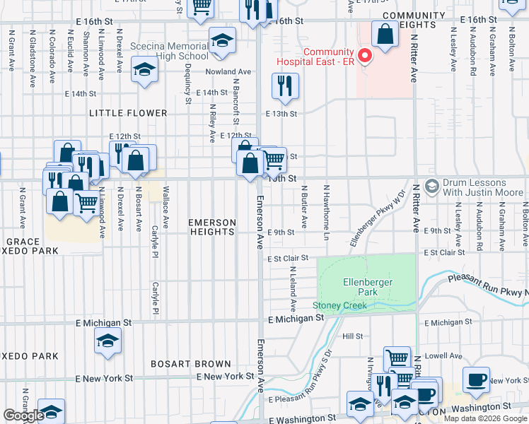 map of restaurants, bars, coffee shops, grocery stores, and more near 834 North Emerson Avenue in Indianapolis