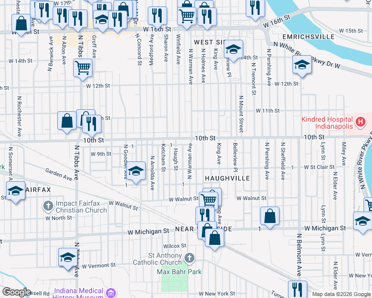 map of restaurants, bars, coffee shops, grocery stores, and more near 952 North Warman Avenue in Indianapolis