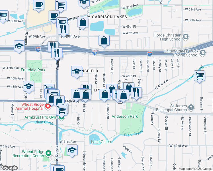 map of restaurants, bars, coffee shops, grocery stores, and more near 4525 Garland Street in Wheat Ridge