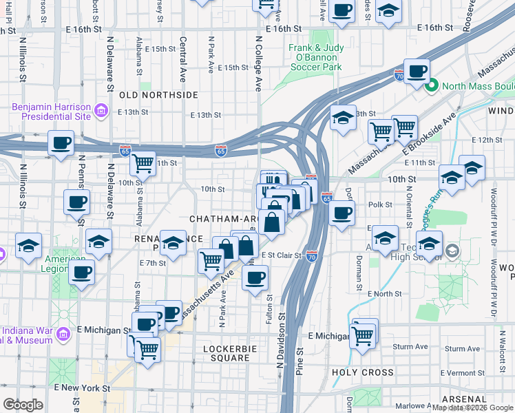 map of restaurants, bars, coffee shops, grocery stores, and more near 915 North College Avenue in Indianapolis