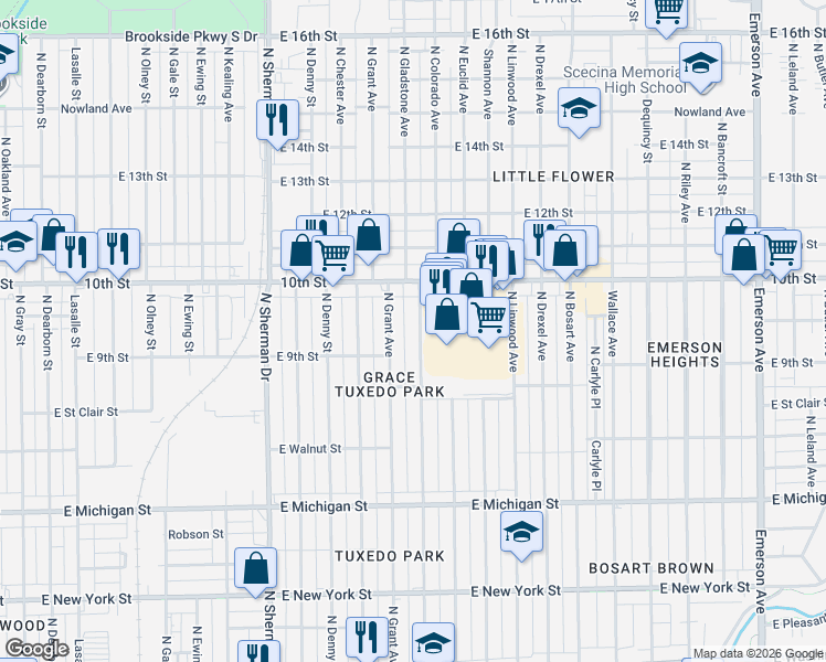 map of restaurants, bars, coffee shops, grocery stores, and more near 901 North Grant Avenue in Indianapolis