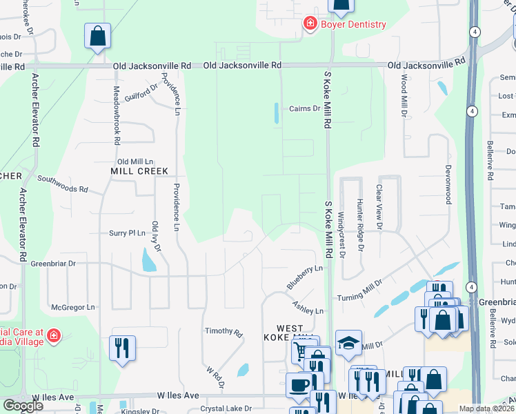 map of restaurants, bars, coffee shops, grocery stores, and more near 3416 Telford Drive in Springfield