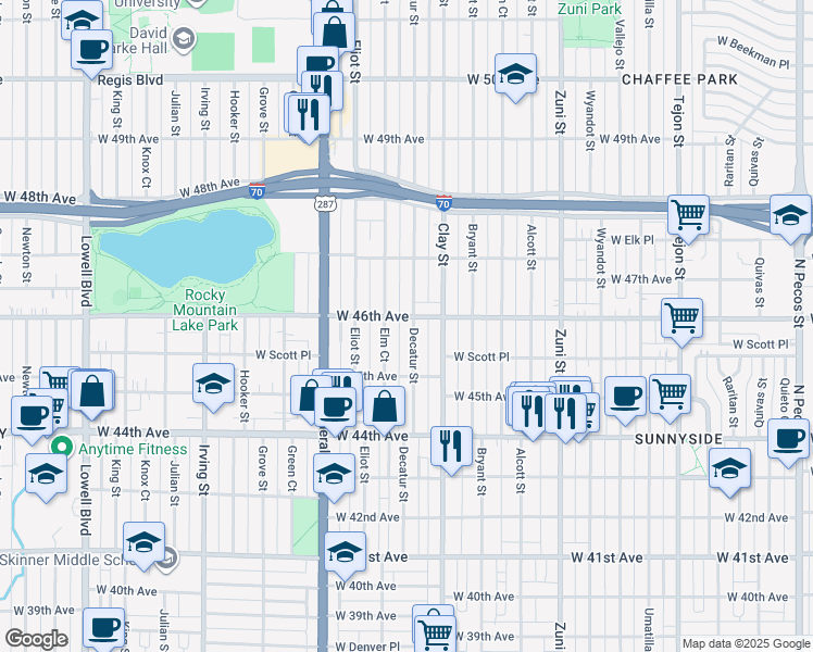 map of restaurants, bars, coffee shops, grocery stores, and more near 4582 Elm Court in Denver