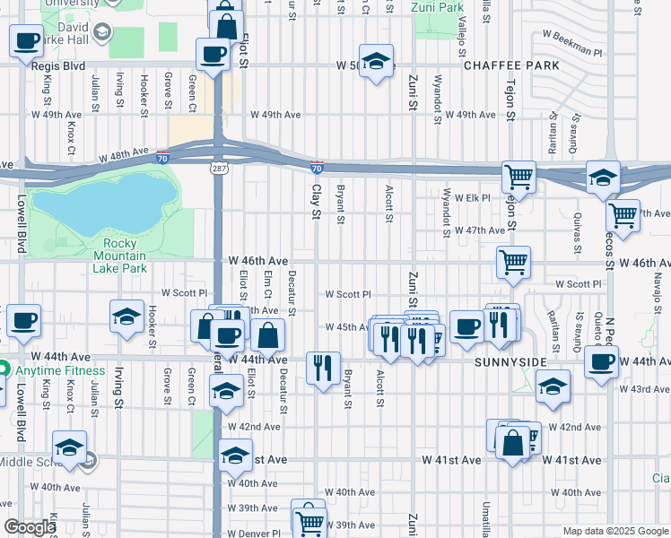 map of restaurants, bars, coffee shops, grocery stores, and more near 4585 Bryant Street in Denver