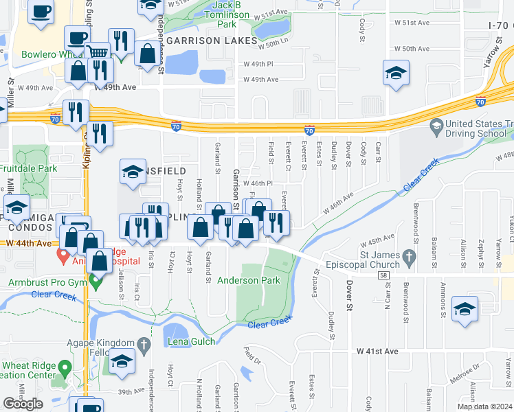 map of restaurants, bars, coffee shops, grocery stores, and more near 4540 Flower Street in Wheat Ridge