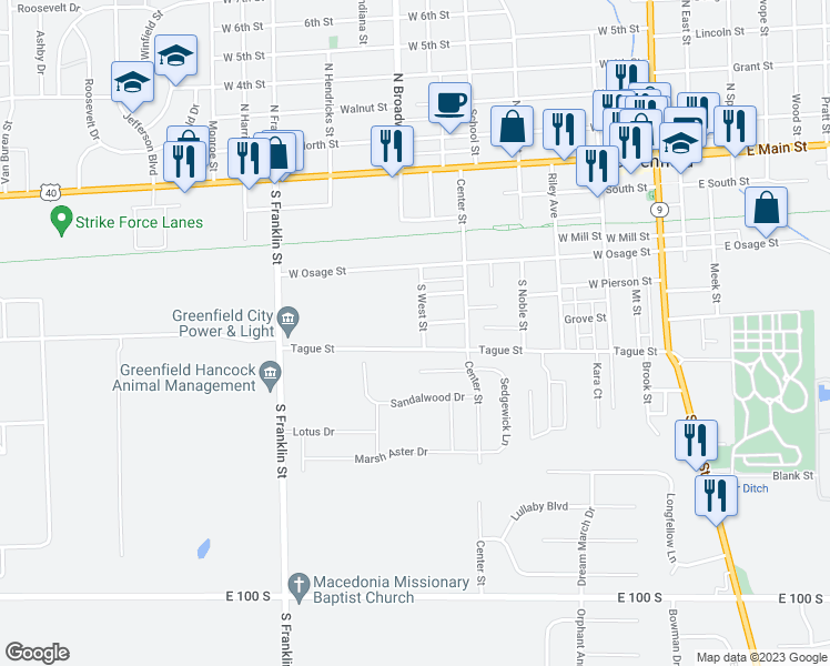 map of restaurants, bars, coffee shops, grocery stores, and more near 518 South West Street in Greenfield