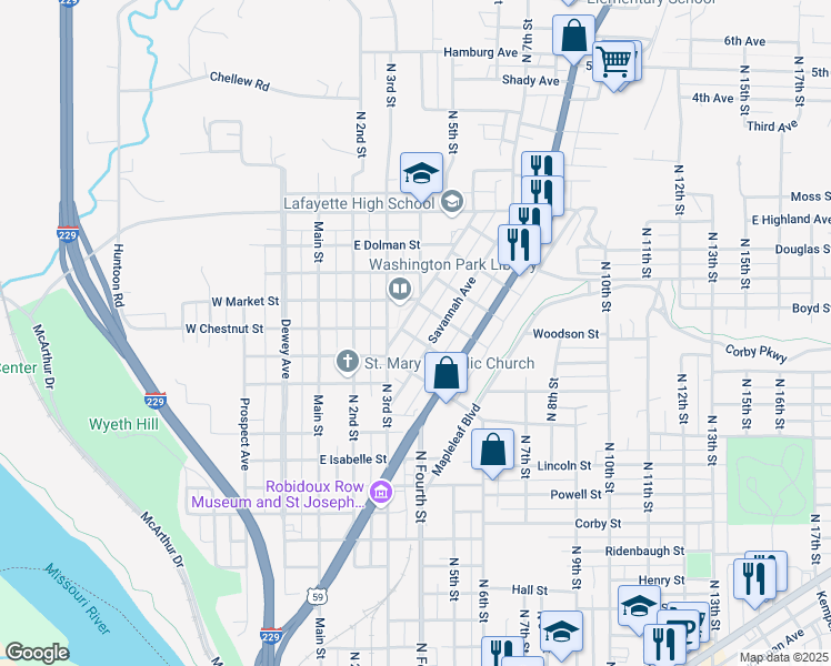 map of restaurants, bars, coffee shops, grocery stores, and more near 407 Pendleton Street in Saint Joseph