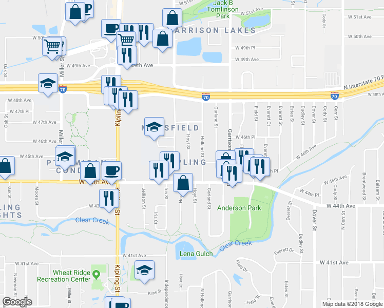 map of restaurants, bars, coffee shops, grocery stores, and more near 4520 Hoyt Street in Wheat Ridge