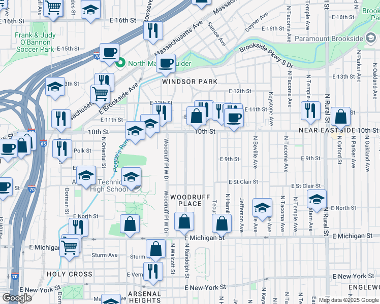 map of restaurants, bars, coffee shops, grocery stores, and more near 901 Woodruff Place Middle Drive in Indianapolis