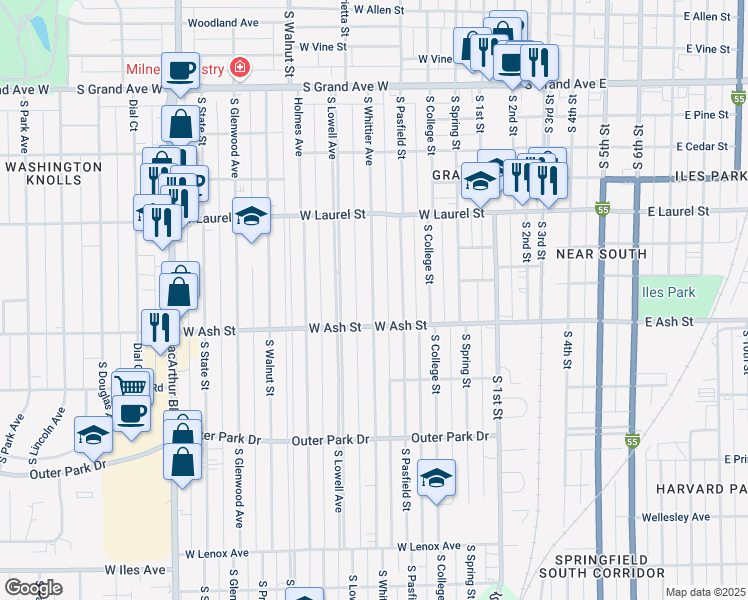 map of restaurants, bars, coffee shops, grocery stores, and more near 1916 South Whittier Avenue in Springfield