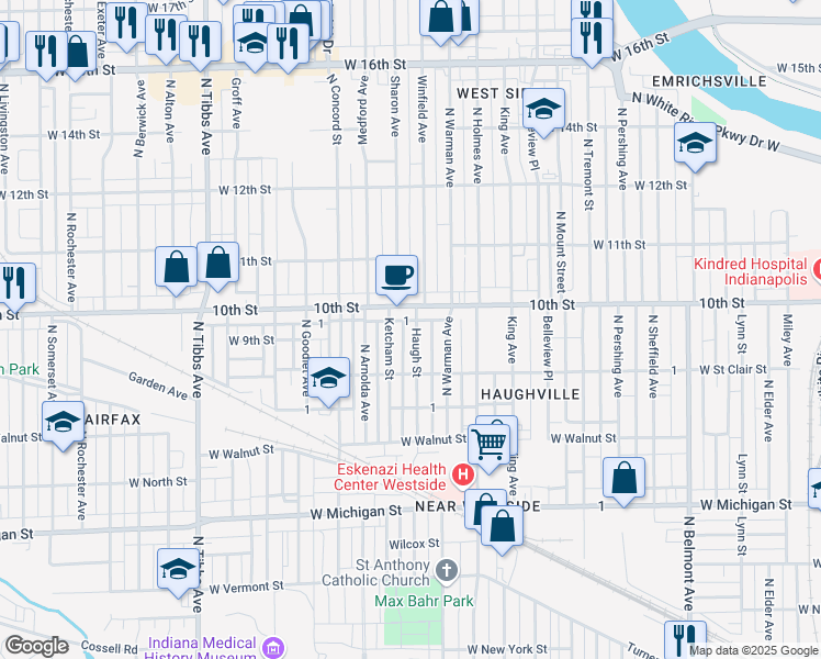 map of restaurants, bars, coffee shops, grocery stores, and more near 952 Haugh Street in Indianapolis